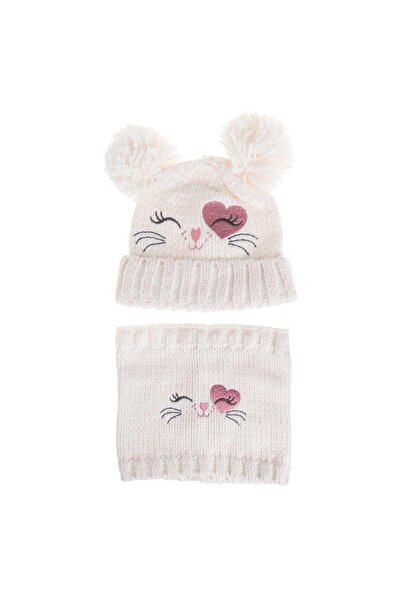 OEM Ecru Hat with Pompom Cat Pattern & Circular Scarf Set for Children 6 Year...