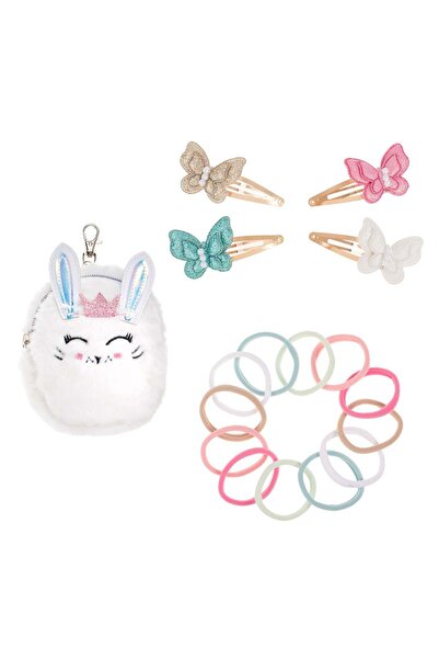 OEM White Faux Fur Bunny Bag Set 4 Butterfly Hair Clips & 12 Hair Elastics fo...