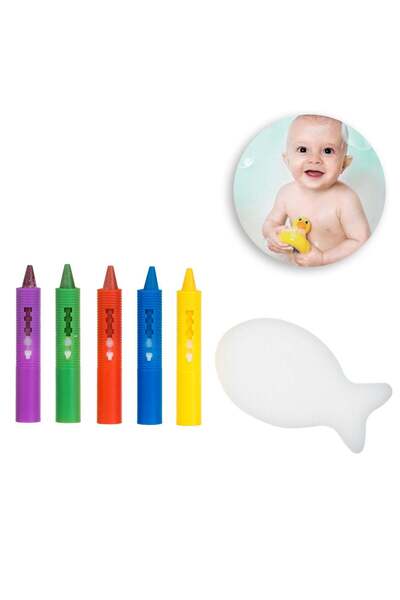 OEM Bathtub Play Set with 5 Colored Pencils & Fish Sponge - 6pcs