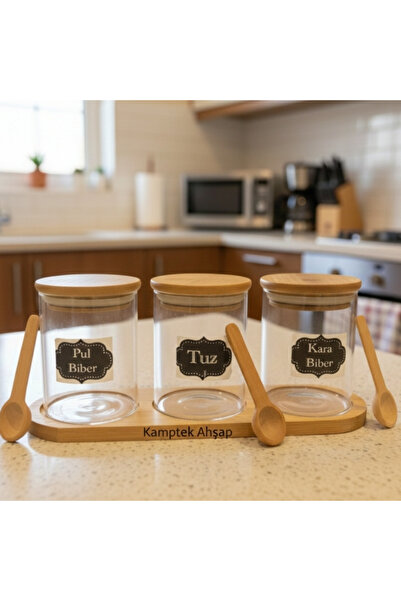kamptek kamp teknolojisi 3’lü Borosilikat Cam Baharatlık Seti - Doğal Bambu A...