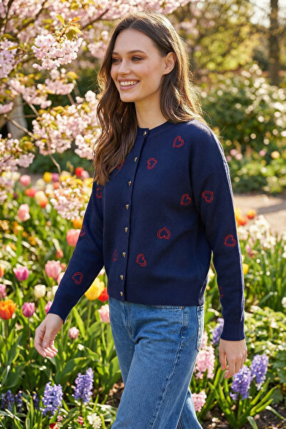 bacc Navy Blue Buttoned Heart Embroidered Winter Knitwear Cardigan Bcvl-25T3245
