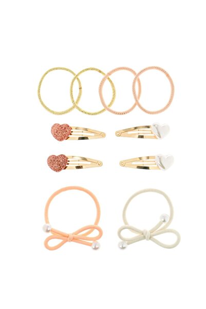 OEM Set of Pearl Metallic Hair Clips with Glitter Hearts 6cm & Salmon Lurex H...