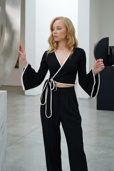 bacc Black Spanish Sleeve B Piped Detail Laced K Double-Breasted Blouse Bchnt...