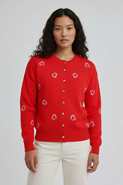 bacc Red Buttoned Heart Embroidered Winter Knitwear Cardigan Bcvl-25T3245