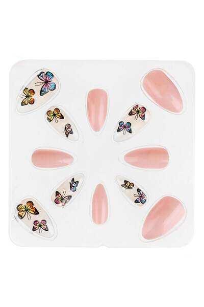 OEM Summer False Nails Set Square Pink Glitter Transparent Butterflies with G...