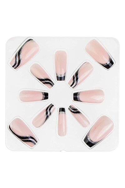 OEM Fake Nails Set with Glue Pink Black Fench with Silver Coffin Glitter - 12pcs