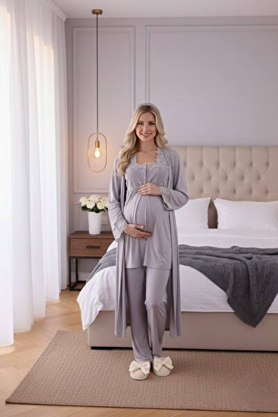 Lohusa Homewear Women's Gray Long Dressing Gown Special Design Lace Detailed ...