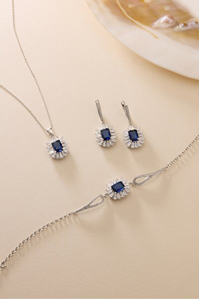 Nereze 925 Ayar Gümüş Set Rodyum Kaplama Baget Mavi Taşlı Kolye,Bileklik ve Küpe