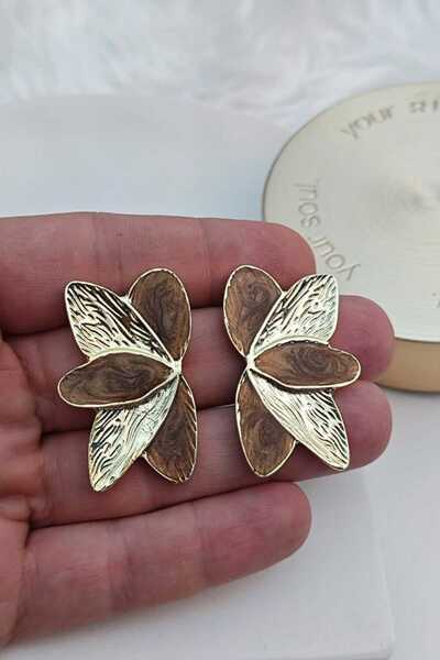 KYOLA DESİGN Brown Pearlescent Big Flower Gold Women's Earrings