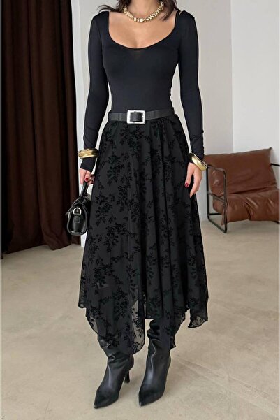 Lovely butik Women's Shawl Patterned Chiffon Skirt - Bohemian Midi Length Fla...