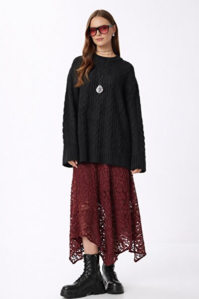 Noi Belis Oversized Knit Detailed Crew Neck Sweater Aw25Kz0129