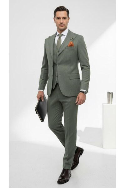 Plus Scorpion Men's Slim Fit 3-Piece Suit – 2 Button, Peaked Lapel, Dotted, D...