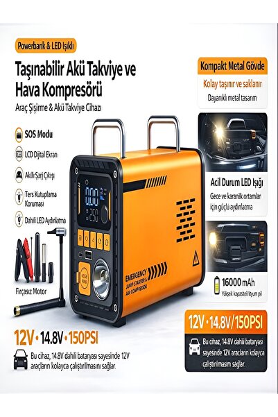 DEANB 16000MAH 14.8V Dijital Ekranlı Araba Akü Takviyeli Kompresör Araç Lasti...