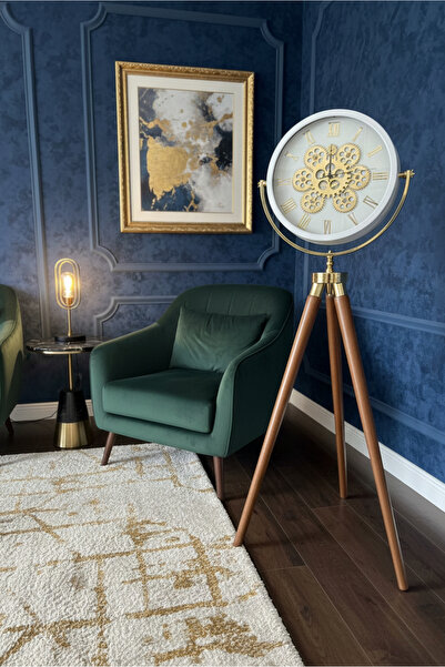Lareshome Tripod Ahşap Ayaklı Gold Ceviz Çarklı Lüks Dekoratif Saat