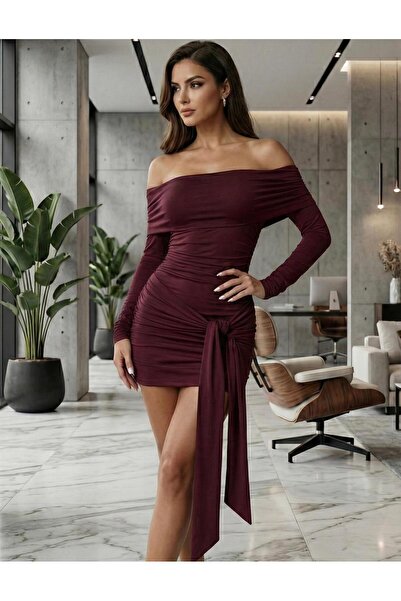 Linich&Co Burgundy Madonna Neckline Draped Ruched Detail Tie Front Long Sleev...