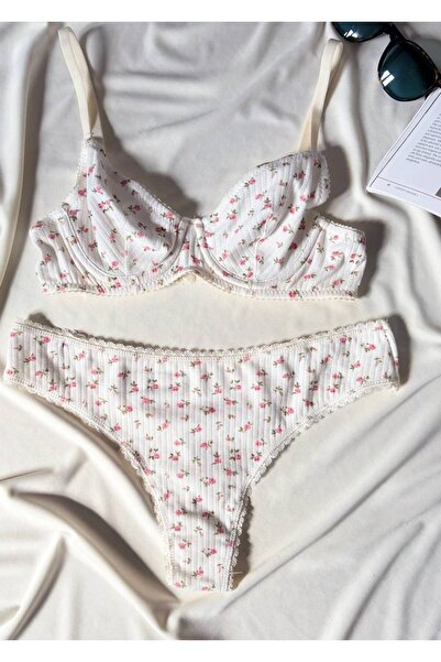 aldyoo Pink Floral Pattern Underwire Cotton Combed Cotton Kaşkonse Bra Thong Set