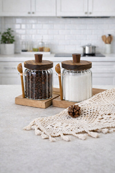 Kezze 2'li 450 ml Akasya Kapaklı Kaşıklı Cam Kavanoz Seti - Vakumlu Baharat &...