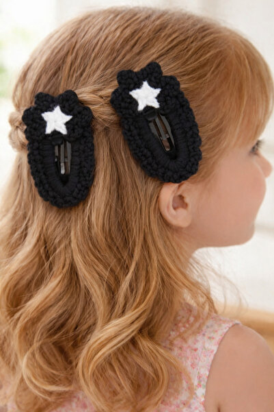 KAR DİAMOND Handmade Amigurumi Black and White Star Pattern Snap Hair Clip fo...