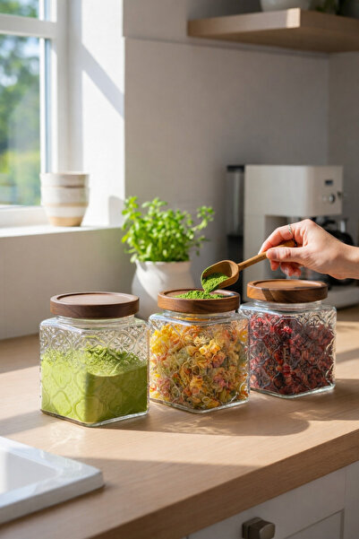 Paşabahçe 3’lü Akasya Kapaklı Desenli Cam Saklama Kabı – Vakumlu Kapak-Kare B...