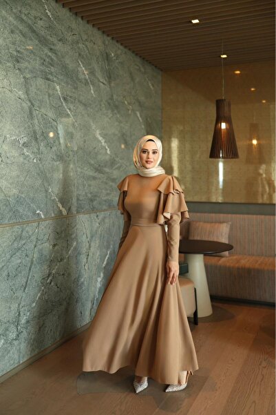 By Atelier Lavin Beige Flared Evening Dress with Ruffled Sleeves