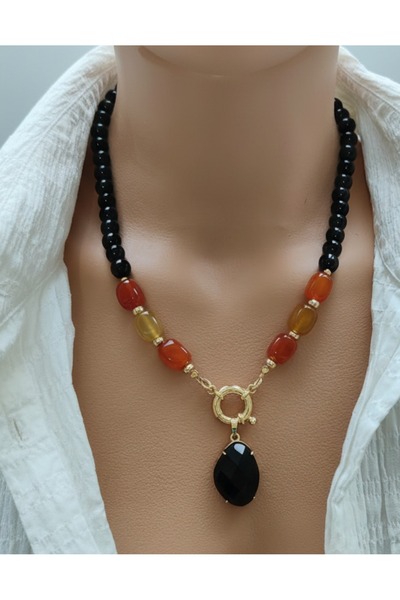 elinasaccessories Siyah Oniks Akik Doğal Taş Kolye 14K Altın Kaplama El Yapım...