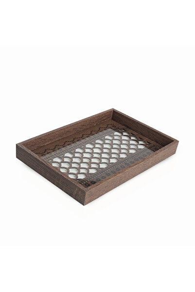 genernic A set of two decorative wooden serving trays with a glass base and e...