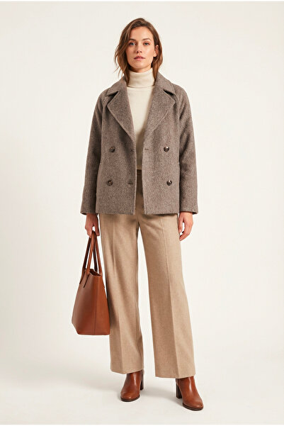 Soydan Güner A. Kahverengi Reglan Kol Kruvaze Yaka Rahat Kalıp Alpaka Tuşe Kı...