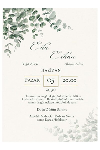 izmirdenet Düğün Davetiyesi 99 Adet Zarfsız Baskı ve Tasarım Dahil! Davetiye M32