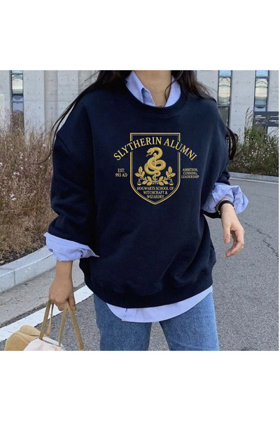 Tubinyoo Harry Potter Slytherin Baskılı Bisiklet Yaka 3 iplik Sweatshirt