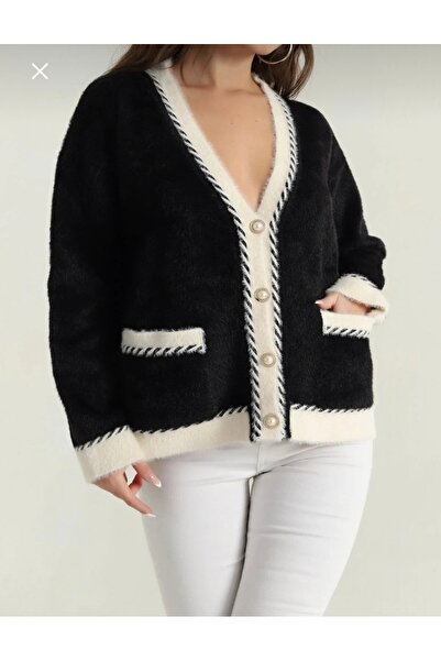 Elchee kadın siyah V yaka inci düğmeli cepli yumoş hırka