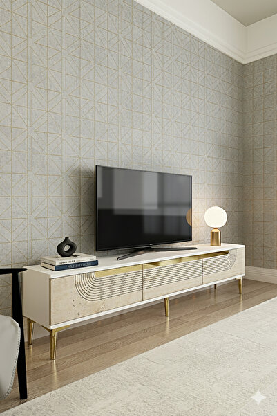 YUMEDİ DESİGN TSA1805BTG - DÜNYA TV STAND , TV SEHPASI 180CM BEYAZ-TRAVERTEN-...