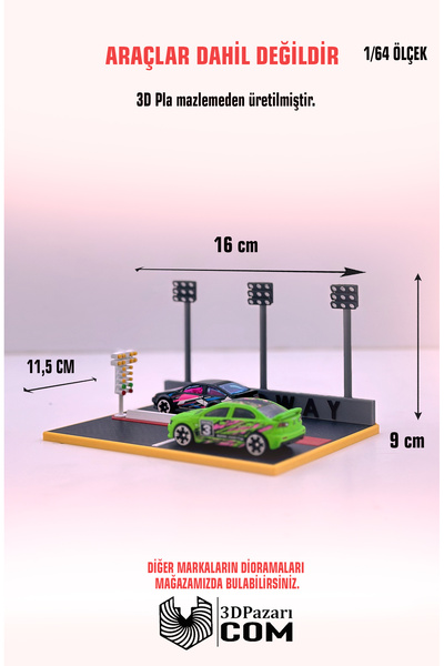Butik 1/64 Ölçekli Drag Pisti Tasarımlı Diorama Araç Sergileme Garajı 3D Baskı