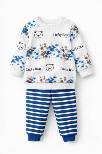Oz Baby Lucky Bear Baskılı Unisex Pamuklu Bebek Takımı Uzun Kollu Üst Çizgili...