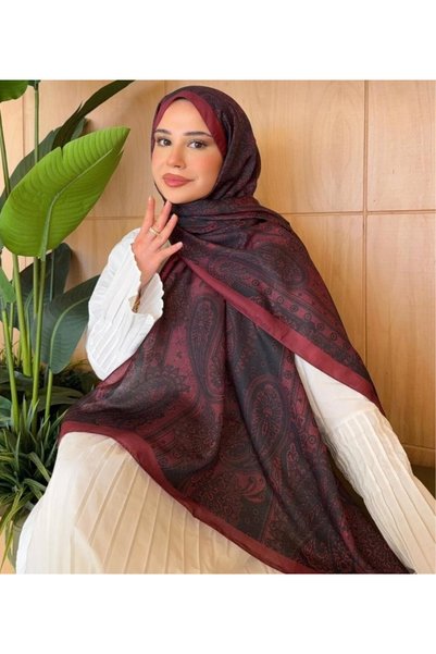 MİNELEŞARP34 Mineleşarp retro desen siyah bordo renk pamuklu soft şal