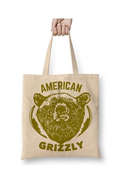 Toyaso American Grizzly Grizzly Bear White Tote Bag Τσάντα αγορών με μακριά λ...