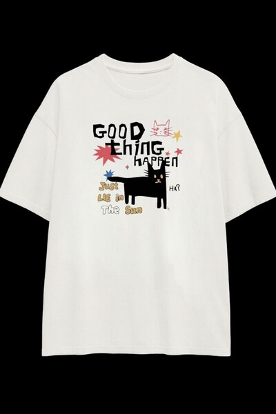 MAYDAY CULTURE Tricou oversize din bumbac imprimat Cat Dtf, unisex, pentru fe...