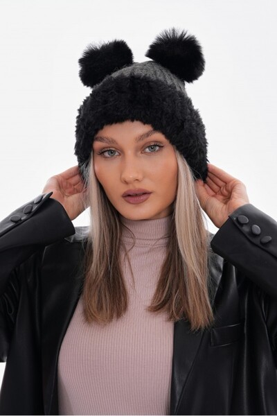 stravis قبعة تريكو رمادية مضلعة مع كرة مزدوجة