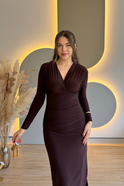 Aventien Double-Breasted Elegant Brown Dress with Draped Collars