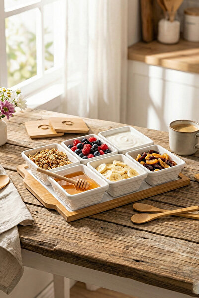 EVCİME Ahşap Tepsili Petek Desenli 6'lı 13 Parça Seramik Kahvaltılık Seti-Mod...