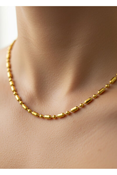 GKCBijoux 316L Gold Renk Silindir Çubuk ve Top Zincir Çelik Kolye