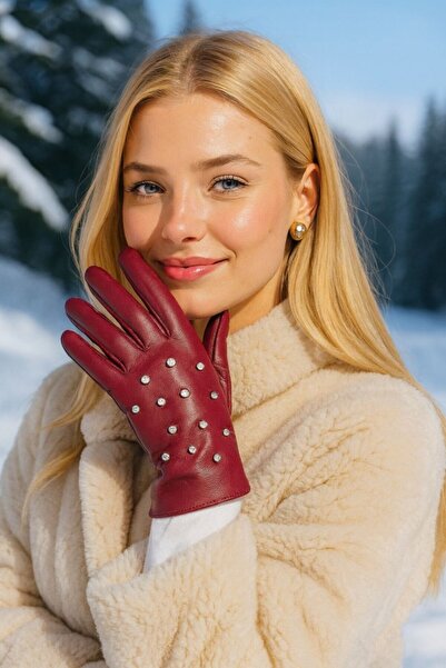 stravis قفازات جلدية من البولي يوريثان بلون أحمر داكن مع لمسات من اللؤلؤ