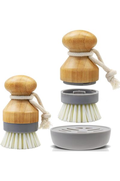 Arabest Bamboo Dish Palm Brush with Holder - 2 Pack Wooden Replaceable Cleani...