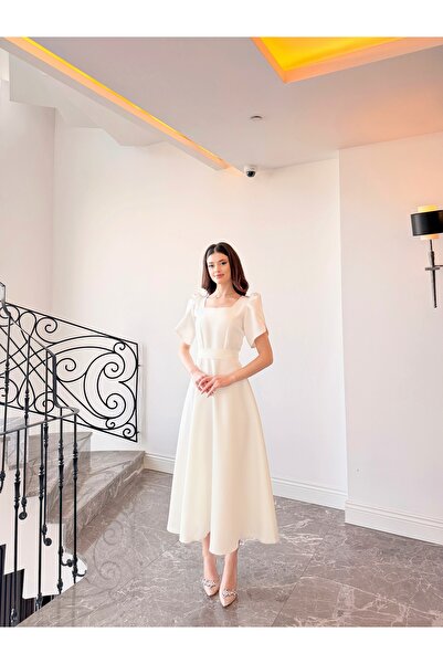 BEYZATURAN Olen White Short-Sleeved Maxi Long Flared Skirt Dress Evening Dress