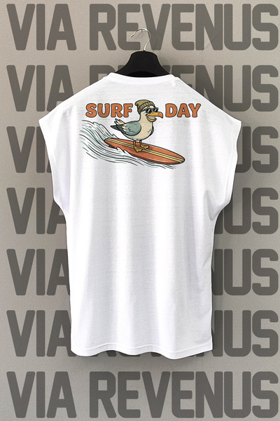 Vordevia Surf Day Back Printed Zero Sleeve 100% Cotton Sports Tshirt