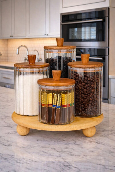 Paşabahçe 4'lü Akasya Kapaklı Çizgili Cam Saklama Kavanozu (420ml+2x330ml+250...