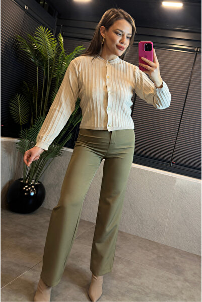 MİR STORE Stripe Detailed Cream Knitwear Cardigan