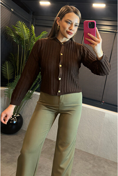 MİR STORE Brown Knit Cardigan with Stripe Detail