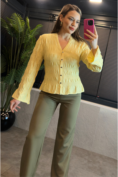 MİR STORE Yellow Textured Fabric Flywheel Sleeve Knitwear Cardigan