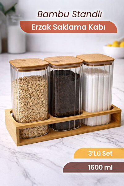 naturelove مجموعة من 3 حاويات تخزين المواد الغذائية مع حامل من الخيزران، وعاء...