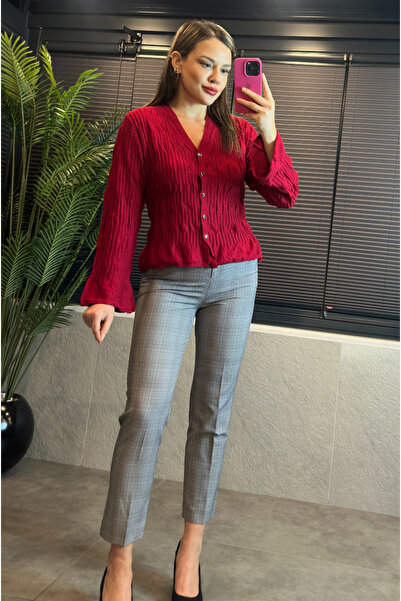 MİR STORE Red Textured Fabric Flywheel Sleeve Knitwear Cardigan